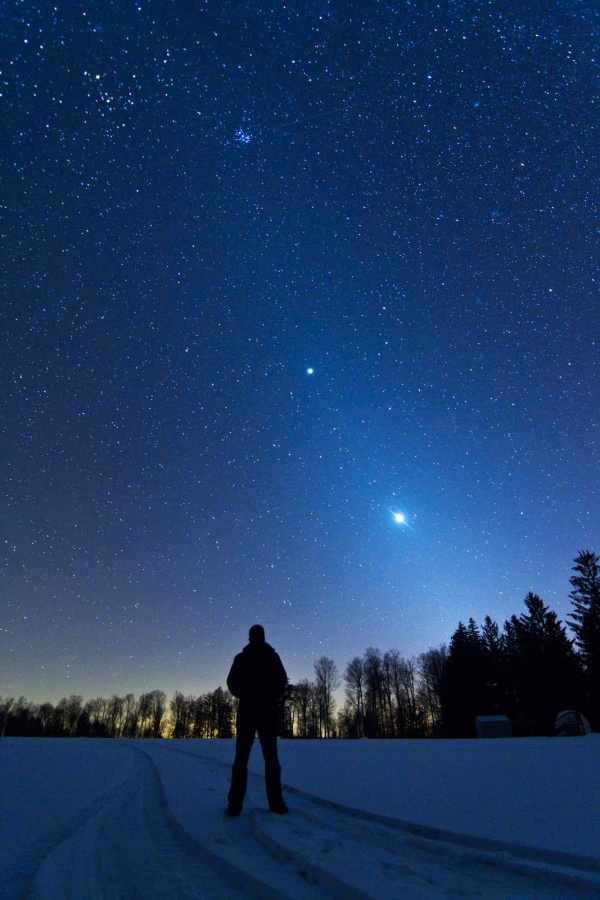 In einer verschneiten Landschaft mit Bäumen am Horizont steht eind Person. Am sternklaren dunklen Himmel oben leuchten in der Dämmerung zwei helle Lichter, die Planeten Venus und Jupiter. Vom Horizont steigt Zodiakallicht auf.