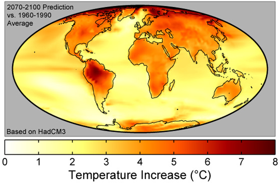 Die Grafik zeigt die Erdoberfläche schematisch und visualisiert die Temperatursteigerung.