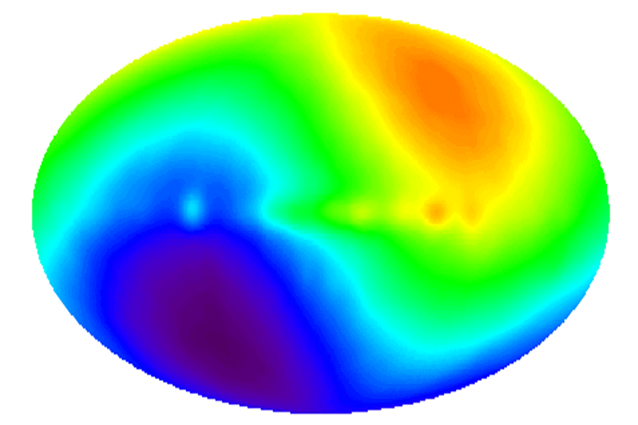 Eine ovale Fläche ist links unten blau und rechts oben orangerot gefärbt, dazwischen verläuft eine grüne S-förmige Schleife.