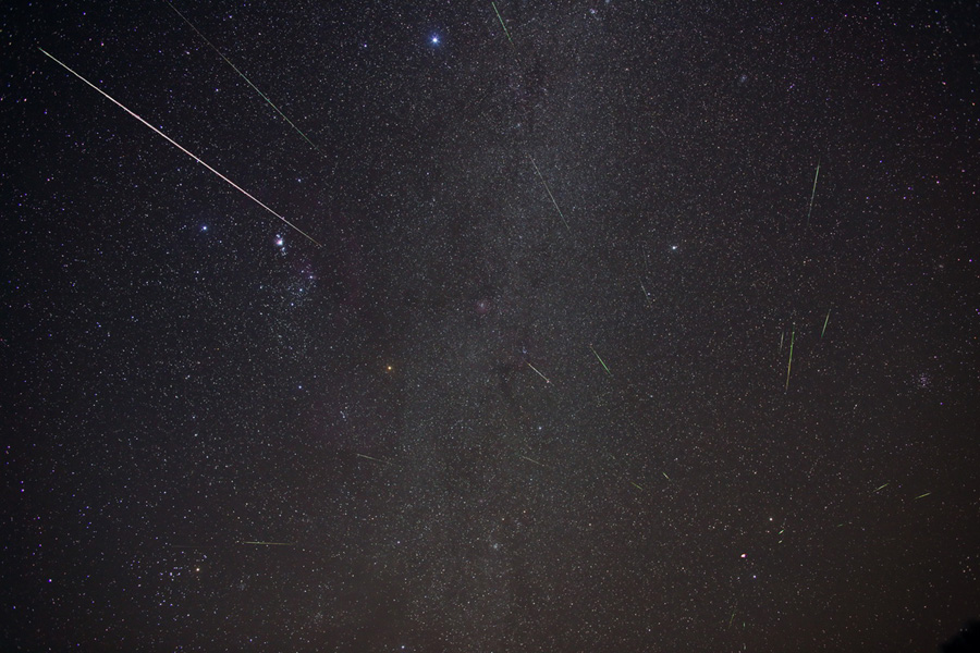 Vor einem sternklaren Hintergrund mit Orion, Sirius und den Zwillingen blitzen zahlreiche Meteore auf.