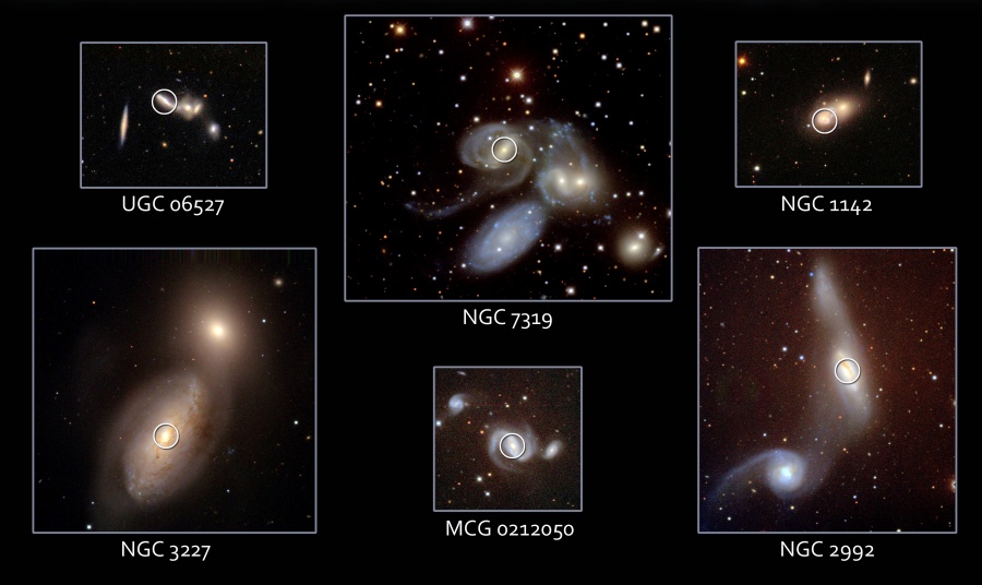 Das Mosaik zeigt mehrere Bildfelder mit Galaxienkollisionen, die bei einer Durchmusterung erstellt wurden.