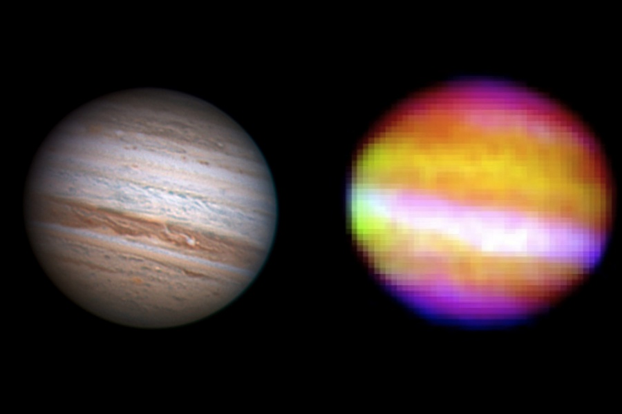 Das linke Bild von Jupiter wirkt konventionell mit Wolkenbändern, die hell und dunkel geschichtet sind. Rechts ist Jupiter mit wenigern, sehr verschwommenen Bändern in gelb, rosarot und weiß abgebildet.