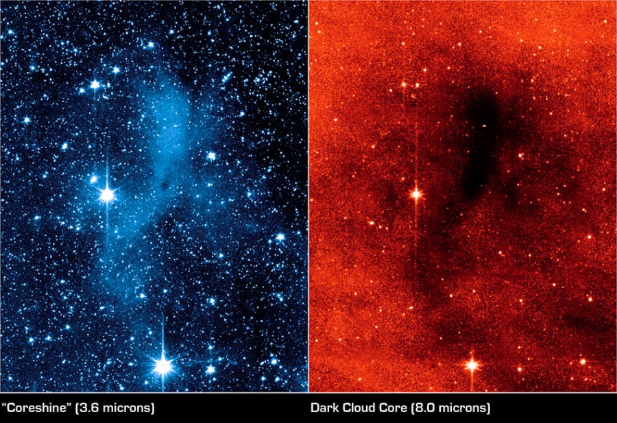 Das Bild besteht aus zwei Teilen, links eine blau gefärbte Abbildung eines Nebels vor Sernen, rechts ein roter Nebel mit einer dunklen Fläche, wo links der blaue Nebel ist.
