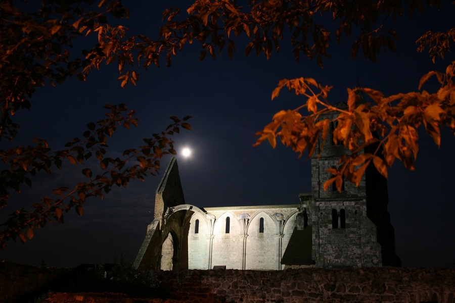 Eine Nachtlandschaft zeigt eine beleuchtete, verfallene Kirche in der Mitte. Rechts oben sind rote, verwelkte Blätter, mitten im Bild über der Kirche geht der Mond auf.