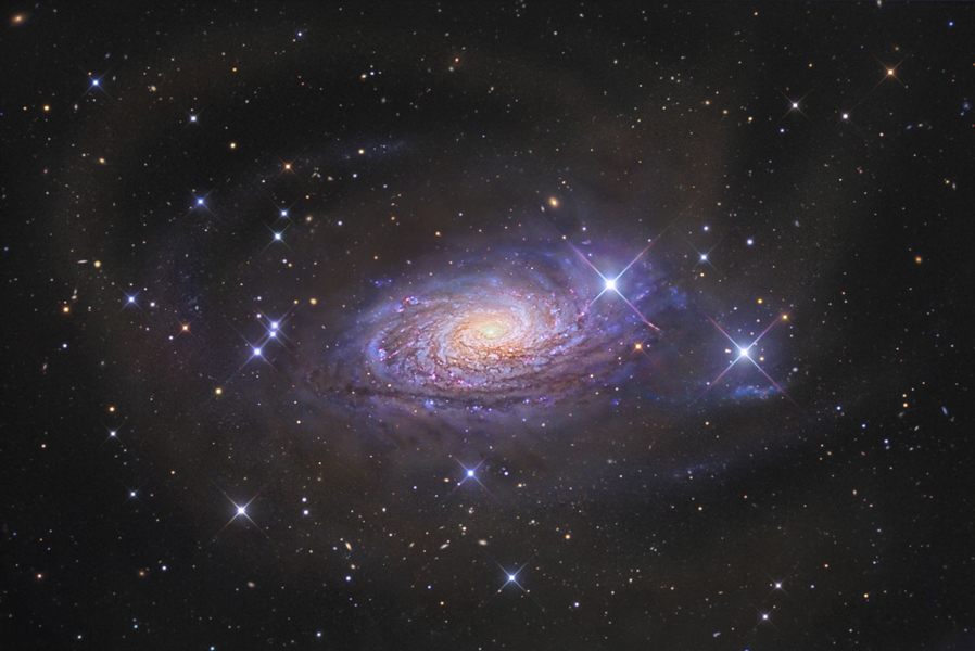 Eine ausgedehnte Spiralgalaxie ist schräg von oben zu sehen, im Zentrum leuchtet sie hellorange bis weiß, die Spiralarme sind bläulich-violett mit rosaroten Sternbildungsregionen und dunklen Nebeln. Um die Galaxie ist ein sehr zarter Nebel verteilt.