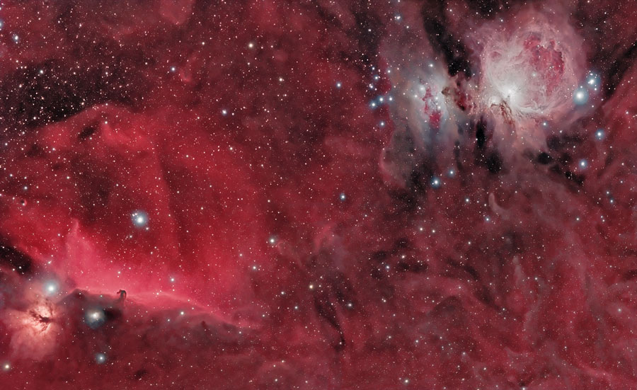 Das Bild ist dicht mit roten Nebeln gefüllt, die sich im ganzen Hintergrund ausbreiten. Rechts oben leuchtet weißlich der Orionnebel, links unten vor einer hellroten Wand die winzige Einkerbung des Pferdekopfnebels, links daneben der Flammennebel, und überall im Bild sind Sterne verteilt, einige helle Sterne haben einen blauen Hof.