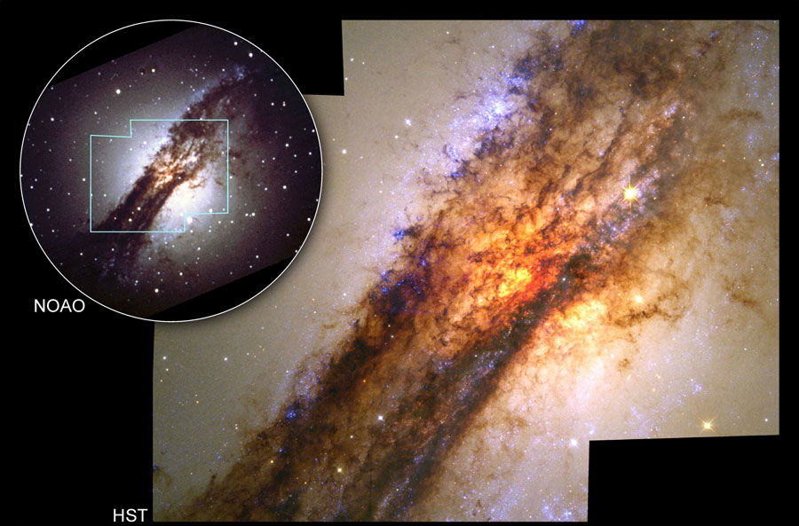 Links ist in einem Kreis die Galaxie Centaurus A abgebildet, rechts eine Detailaufnehme des Zentrums mit sehr markanten Staubbahnen.