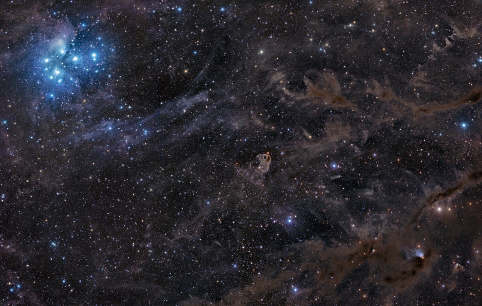 In einem Bild voller dunkelbrauner Nebel und zarter Sterne leuchtet links oben ein Sternhaufen in einem blau leuchtenden Nebel.
