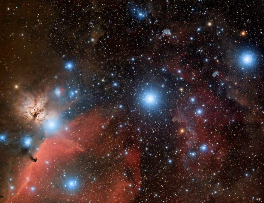 Drei helle Sterne mit blauem Hof sind waagrecht leicht ansteigend im Bild verteilt, dahinter zahlreiche viel schwächere Sterne. Links sind der Flammennebel und der Pferdekopfnebel zu sehen.