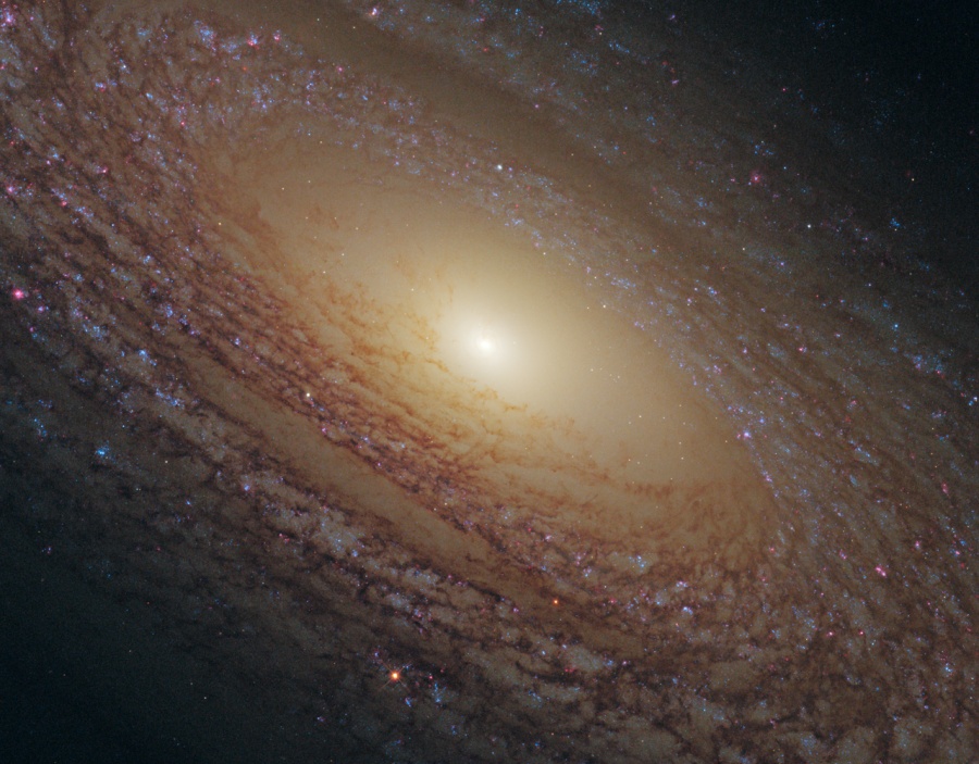 Der Blick fällt von schräg oben auf das Zentrum einer Galaxie mit sehr hellem Kern, die von dunklen spiralförmigen Wolken umgeben ist.