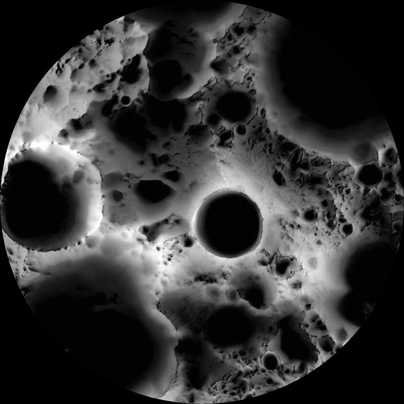 Das Bild zeigt den Mondsüdpol nach Beleuchtungszeiten im Lauf von 6 Monaten.