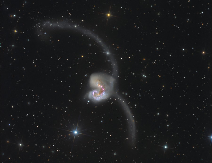 In der Bildmitte leuchten zwei Galaxienkerne, die ineinander verschlungen sind. Nach links oben und nachunten sind lange Schweife hinausgezogen. Das ganze Gebilde erinnert an krumme Antennen.
