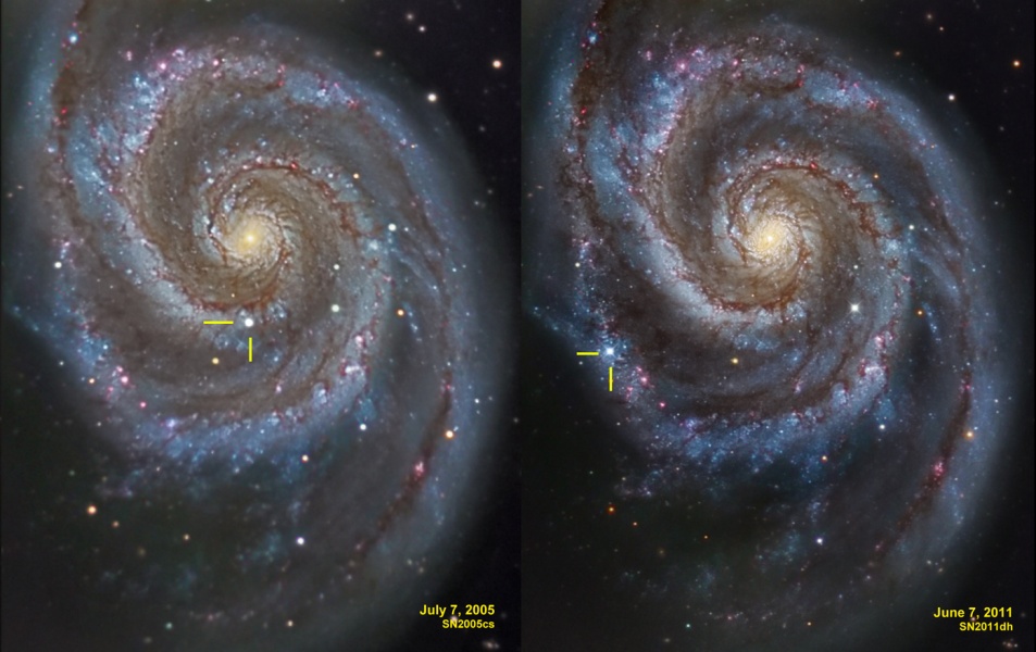 Das Bild zeigt zwei Ansichten der Galaie M51, die fast gleich aussehen, sie unterscheiden sich durch 2 Supernovae an unterschiedlichen Stellen.