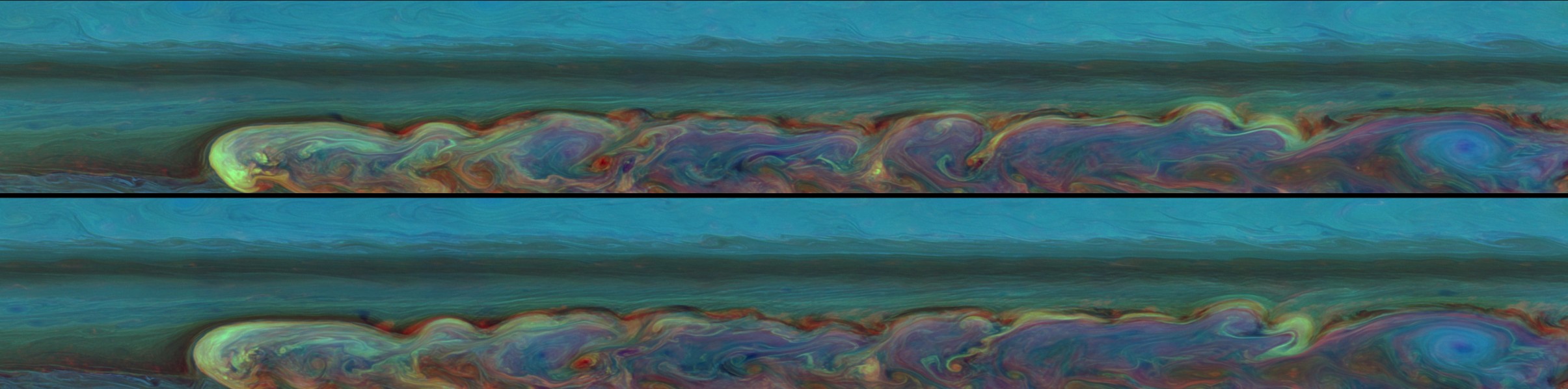 Das Bild besteht aus zwei breiten Bildteilen, die übereinander angeordnet sind. Beide Bilder zeigen einen langen Sturm, der in Falschfarben-blau eingefärbt ist.