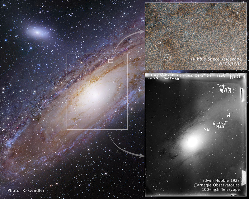 Links ist die Andromedagalaxie abgebildet, ein Bildausschnitt aus der Mitte ist rechts unten vergrößert schwarzweiß dargestellt. Rechts oben ist ein Sternfeld mit einem eingekreisten Stern.