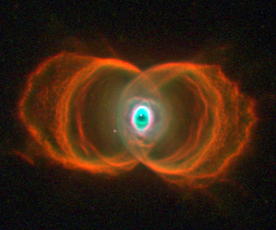 Von einem grünen Auge in der Mitte gehen nach links und rechts rote ringförmige Nebel aus.