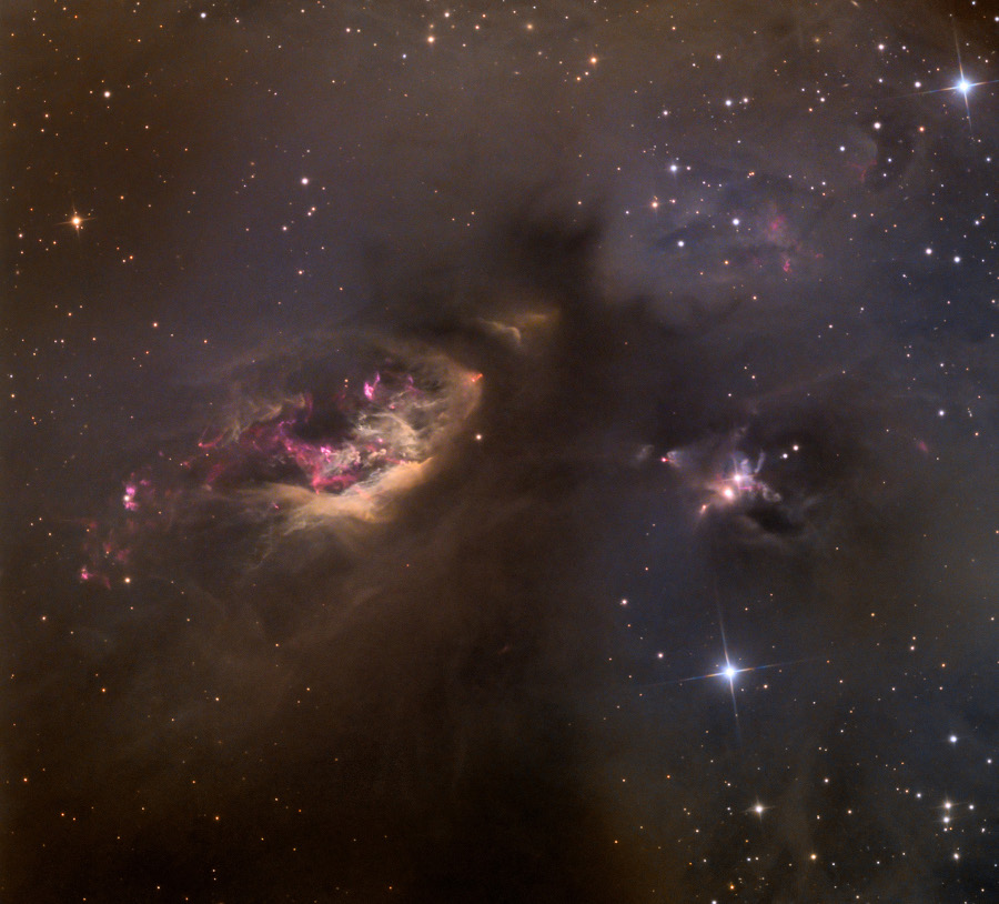 Das Bild zeigt eine Mokekülwolke, die zum Teil sehr dunkel ist. Darin sind viele rosarot leuchtende Nebel eingebettet, die junge Sterne verraten.