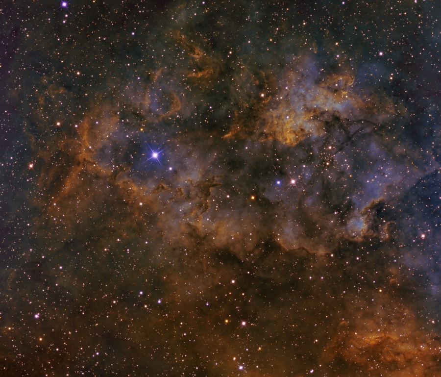 Der Hintergrund ist von dunklen bräunlichen und einigen bläulichen Nebeln bedeckt, dazwischen sind Sterne dünn verteilt.