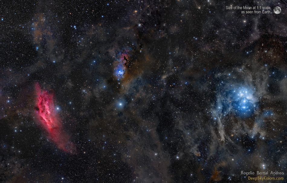 Im schwarzgrauen Nebelfeld treten einige helle Flecken hervor. Links leuchtet der rote Kaliforniennebel, rechts ist der Sternhaufen der Plejaden in blauen Staub gehüllt.