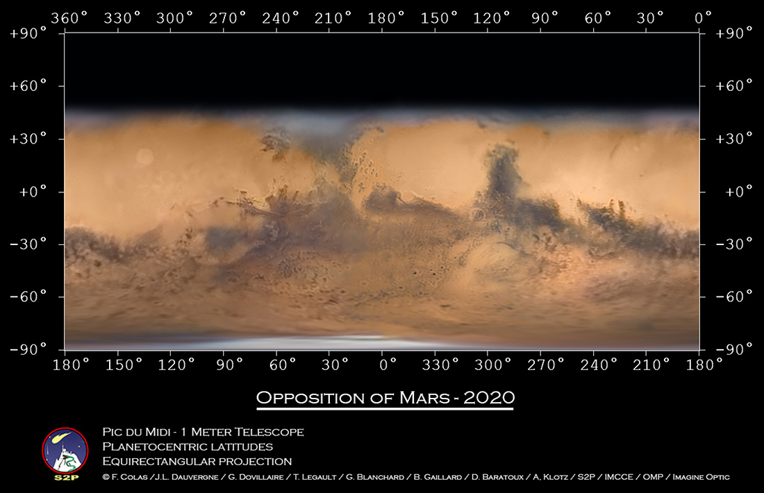 Diese globale Karte des Roten Planeten wurde bei der Mars-Opposition 2020 am Observatorium auf dem Pic du Midi aufgenommen.