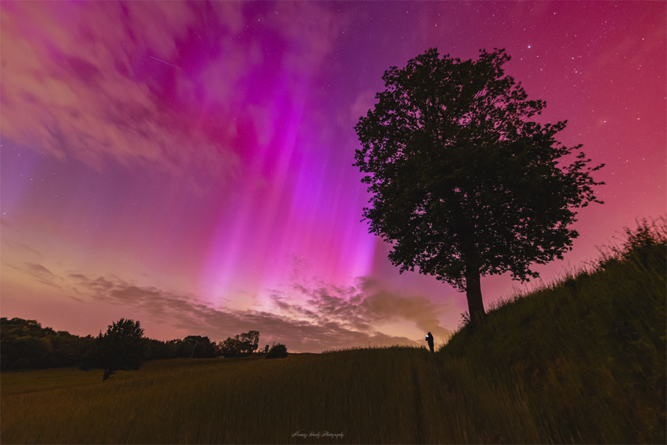 Der Himmel ist rot gefärbt, in der Mitte reichen purpurfarbene Strahlen bis zu den Wolken am Horizont. Die Silhouette der Landschaft zeigt rechts einen Baum, links daneben steht eine Person. noch weiter links ist ein weiter entfernter Wald am Horizont.