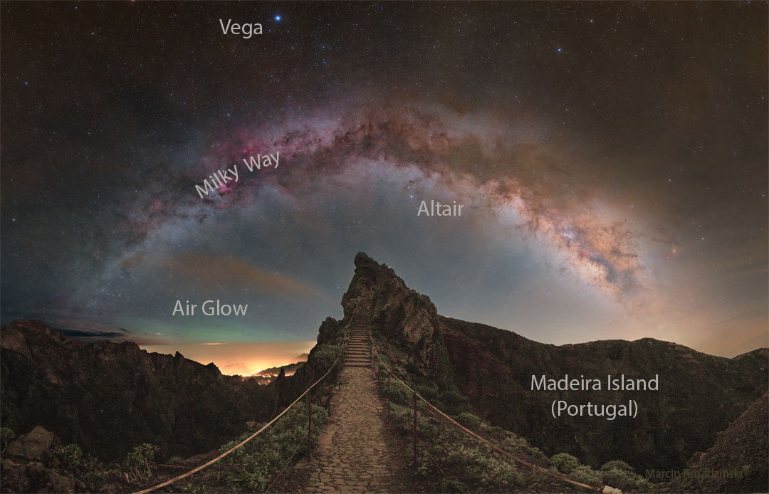 Ein sternklarer Himmel zeigt den Bogen des zentralen Bandes unserer Milchstraßengalaxie oben im Bild. Vorne im Bild ist eine steinige Landschaft mit einem Hügel und einem Weg, der zu einer Treppe auf den Hügel führt.