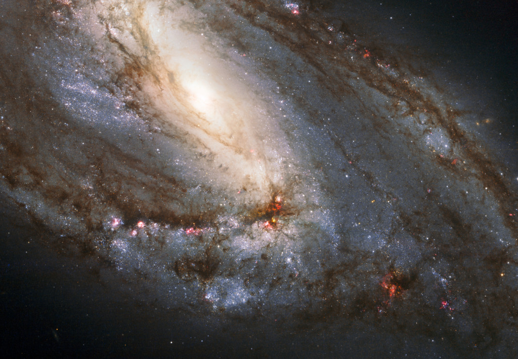 Die Galaxie M66 ist schräg von oben zu sehen. Nach hinten und vorne breiten sich ausladende Spiralarme aus, die von dunklen Staubbahnen und rötlichen Sternbildungsgebieten gesäumt sind. Links oben ist das helltelb leuchtende Zentrum der Galaxie.