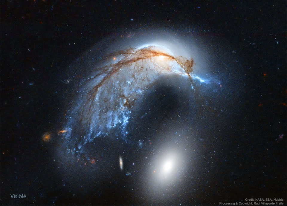 Das Bild zeigt zwei große interagierende Galaxien. Die obere Galaxie hat eine ausgeprägte innere Struktur und ist über der unteren Galaxie gekrümmt, die ein Oval ohne Struktur ist.