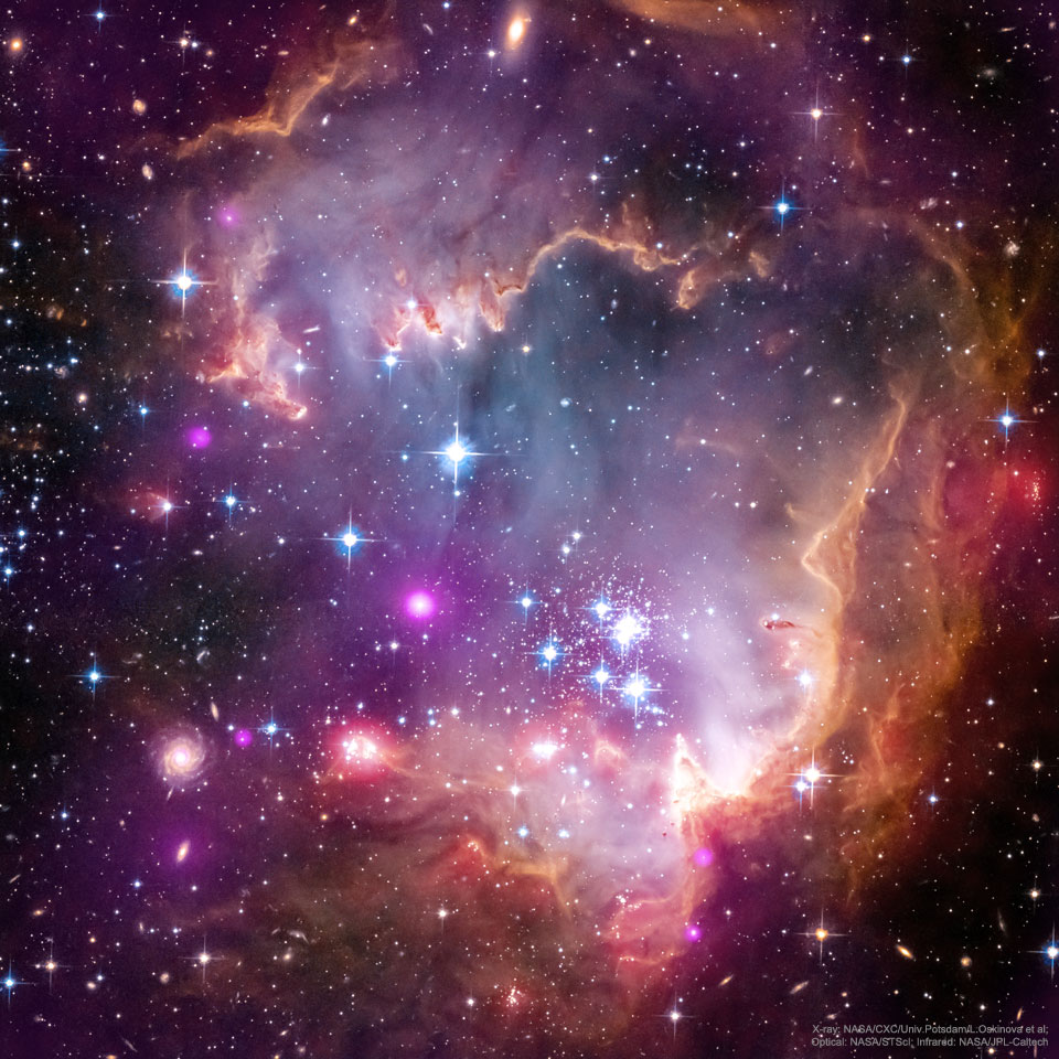 Um einen Sternhaufen ist eine Gaswolke ausgebreitet, die wie eine Auster aussieht. Das Rollover-Bild zeigt denselben Haufen nicht nur im sichtbaren Licht, sondern auch im Röntgen- und Infrarotbereich.