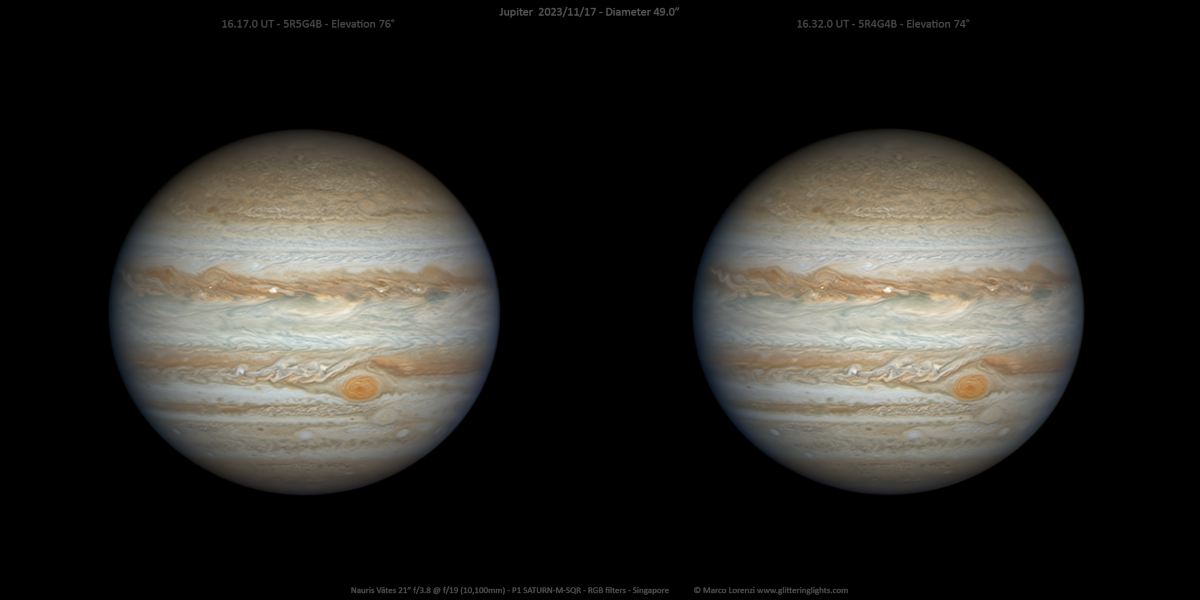 Die beiden Bilder von Jupiter entstanden im Abstand von nur 15 Minuten. Der Planet hatte sich in der Zwischenzeit geringfügig weitergedreht, daher bilden die beiden ein Stereo-Paar. Dunkle und helle Bänder sowie der große Rote Fleck sind sehr detailreich abgebildet.