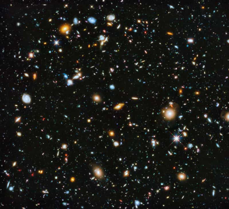 Das Hubble Ultra Deep Field ist ein Teil des Himmels, der sehr klein ist und sehr lange belichtet wurde, inzwischen auch mit dem Webb-Weltraumteleskop. Hier wurde das HUDF mit Tönen hinterlegt.