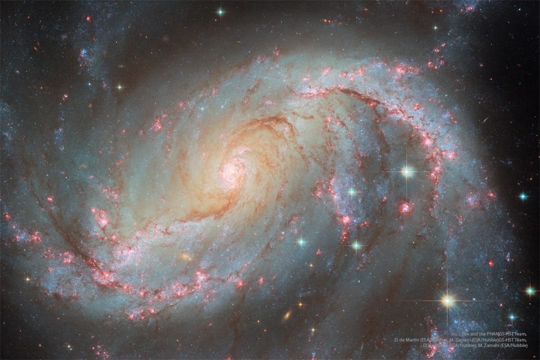 Die Spiralgalaxie NGC 1672 im Sternbild Schwertfisch hat einen markanten Balken im Zentrum. An ihren Spiralarmen verlaufen markante rote Sternbildungsgebiete.