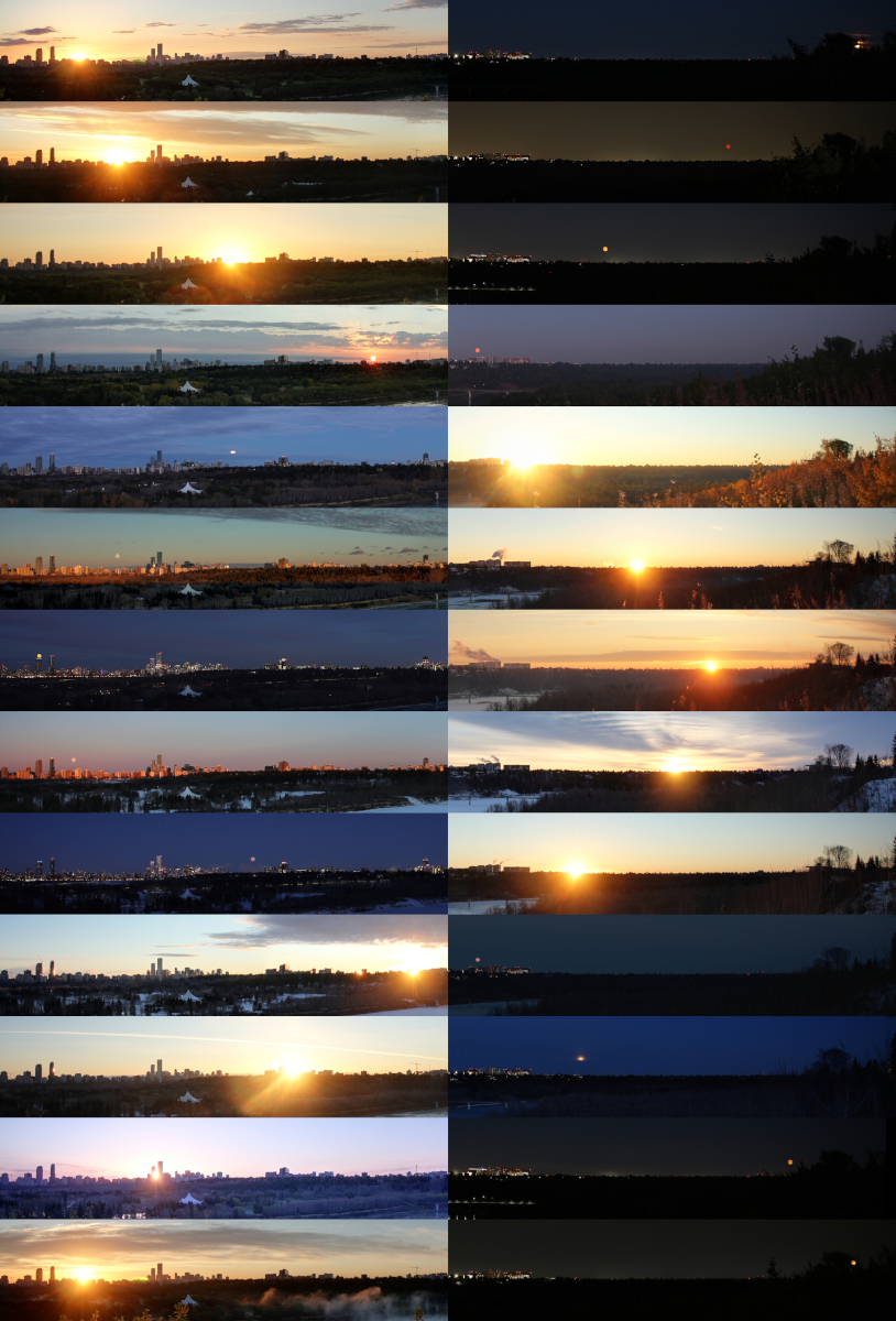 Die Panoramabilder wurden in der kanadischen Stadt Edmonton fotografiert. Sie zeigen die Aufgänge des Vollmondes und zeitgleich der Sonne im Zeitraum der Großen Mondwende.