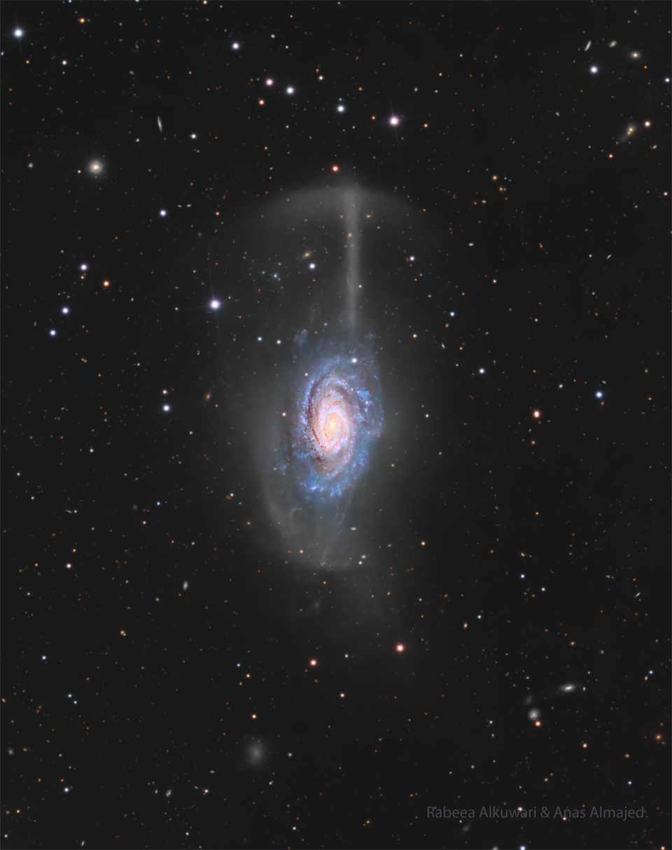 Über der Spiralgalaxie NGC 4651 im Sternbild Haar der Berenike ragt im Bild ein Schirm aus Sternen auf. Er entstand, indem eine kleine Galaxie durch Gezeitenkräfte zerrissen wurde. Außen herum sind einzelne Sterne verteilt, sie befinden sich in der Milchstraße in unserer Nähe.