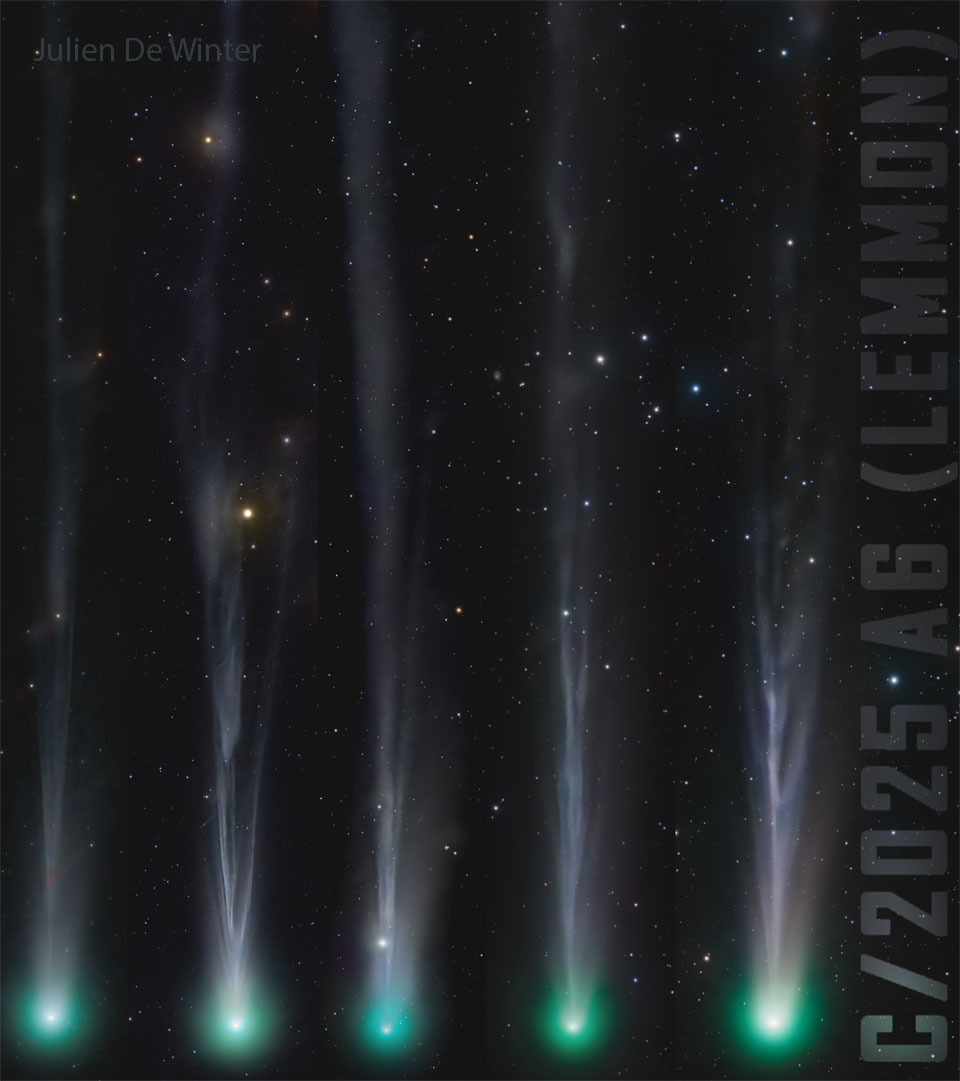 Fünf Bilder des Kometen Lemmon sind nebeneinander aufgereiht. Unten sind Koma und Kern, der Schweif steigt jeweils nach oben auf. Beschreibung im Text.