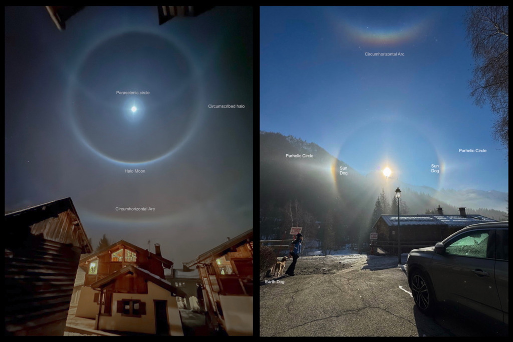 Links ist ein Mond, der nachts von Halo-Erscheinungen umgeben ist, rechts geht die Sonne auf, ebenfalls von Halos umgeben. Die Bilder entstanden in Chamonix-Mont-Blanc. Für die Entstehung der Halos gibt es geometrische Regeln, die von den Eiskristallen in der Luft festgelegt werden.