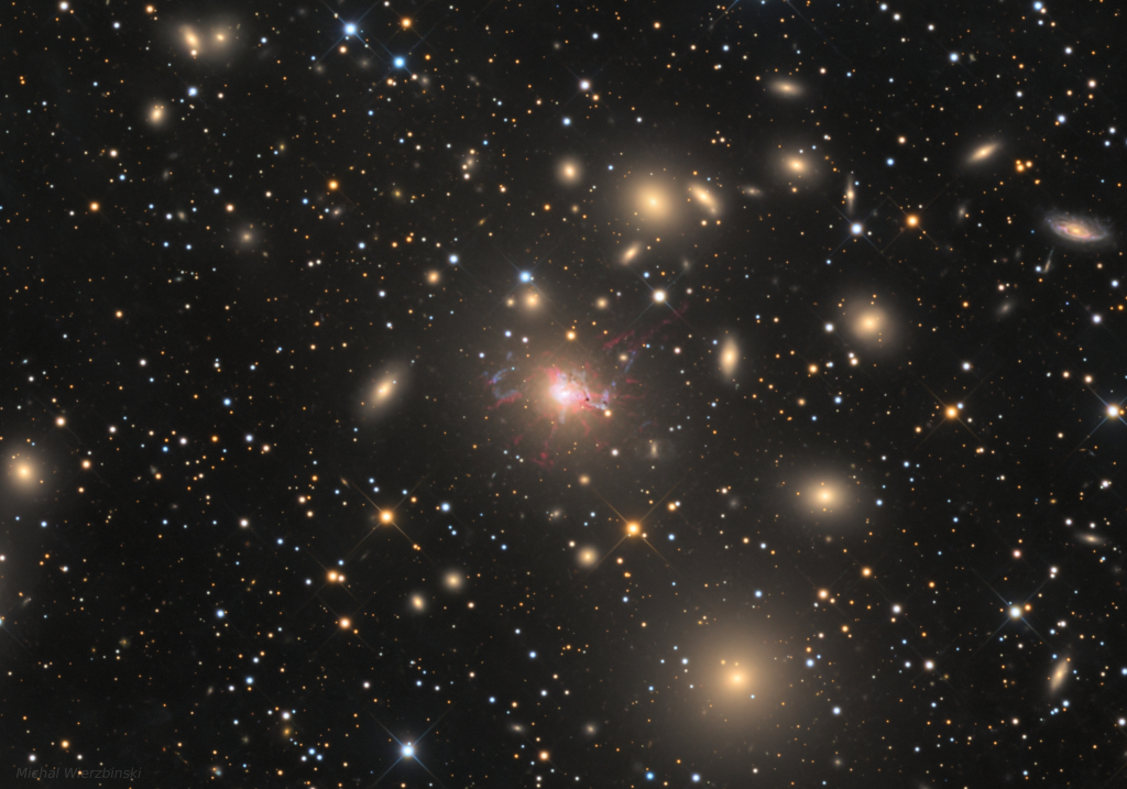 Viele elliptische Galaxien füllen das Bild, nur einige wenige haben eine Spiralstruktur. In der Mitte ist eine besonders auffällige Galaxie, weil rote und blaue Fäden von ihr ausgehen. Es ist die aktive Galaxie NGC 1275 im Perseus-Galaxienhaufen.