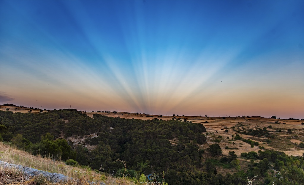 Hinter einer Landschaft mit Bäumen und Feldern steigen am Horizont in der Dämmerung markante Strahlen auf. Sie strömen scheinbar aus einem Punkt, dem Fluchtpunkt. In Wirklichkeit verlaufen sie parallel. Das Strahlenbüschel aus Gegendämmerungsstrahlen befindet sich im Osten gegenüber dem Sonnenuntergang.